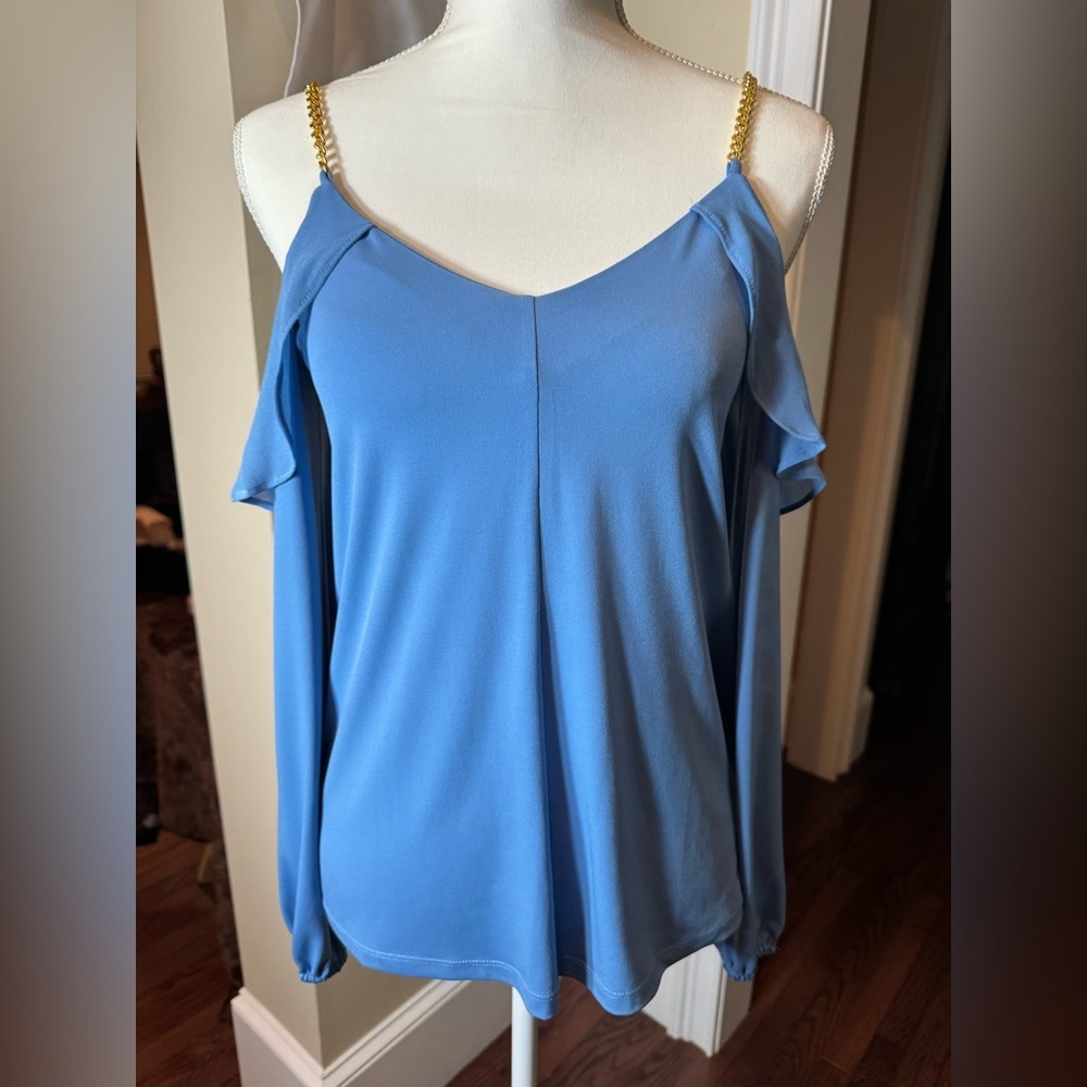 Michael Kors Women's Top Small Cold Shoulder Gold‎ Chain Straps Ruffled Sz XS